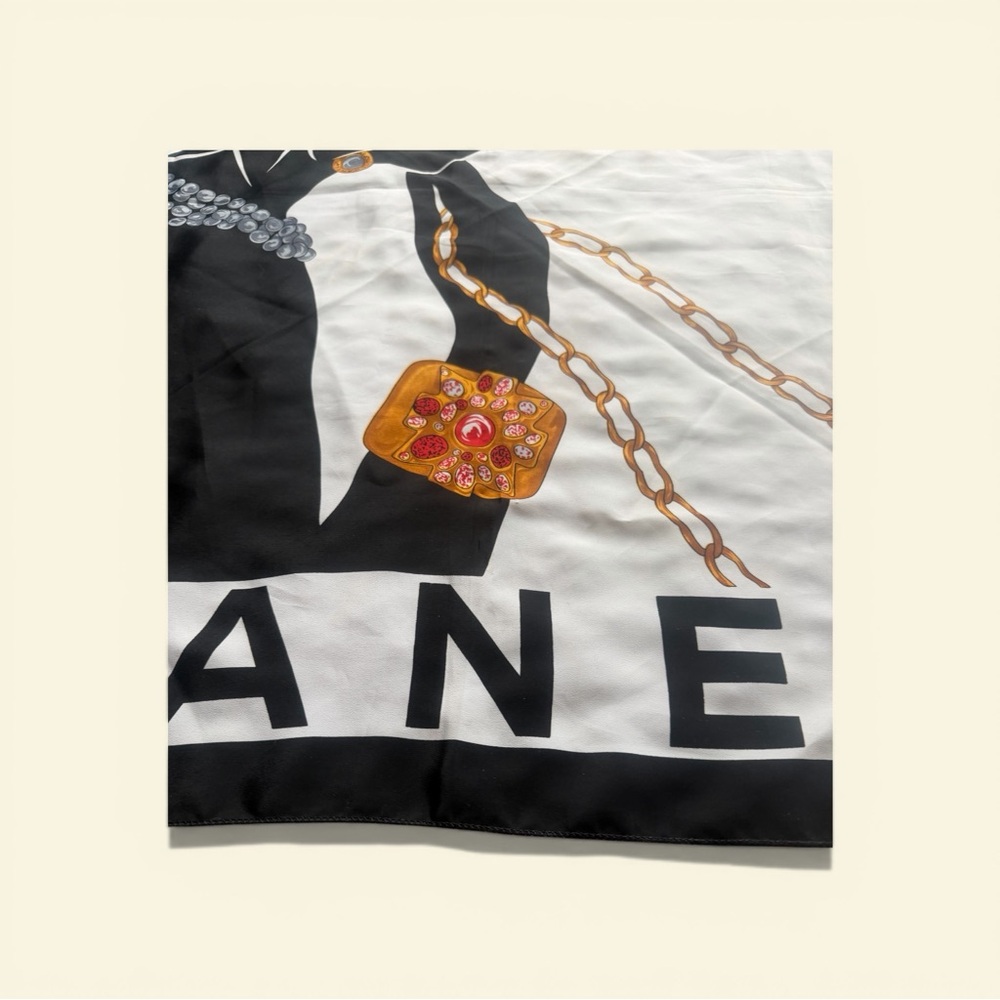 Vintage CHANEL Black, White and Gold Graphic Silk Scarf - Picture 10 of 11